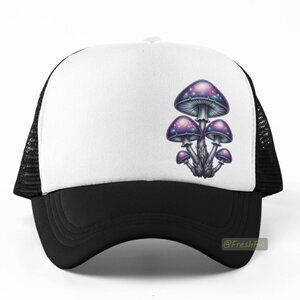 🆕Cosmic Mushrooms Foam Trucker Hat Mesh Snapback Cap Black/White